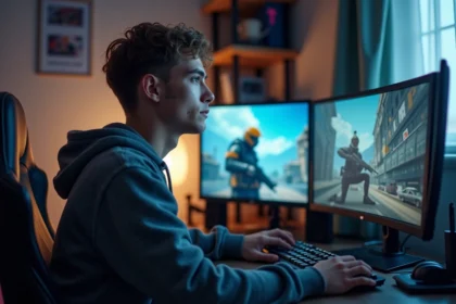 Jeune homme concentré devant son setup gaming moderne