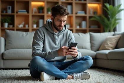Jeune homme anxieux regardant son smartphone Android dans un salon moderne