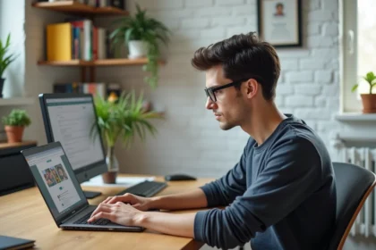Jeune homme concentré travaillant sur son ordinateur dans un bureau lumineux