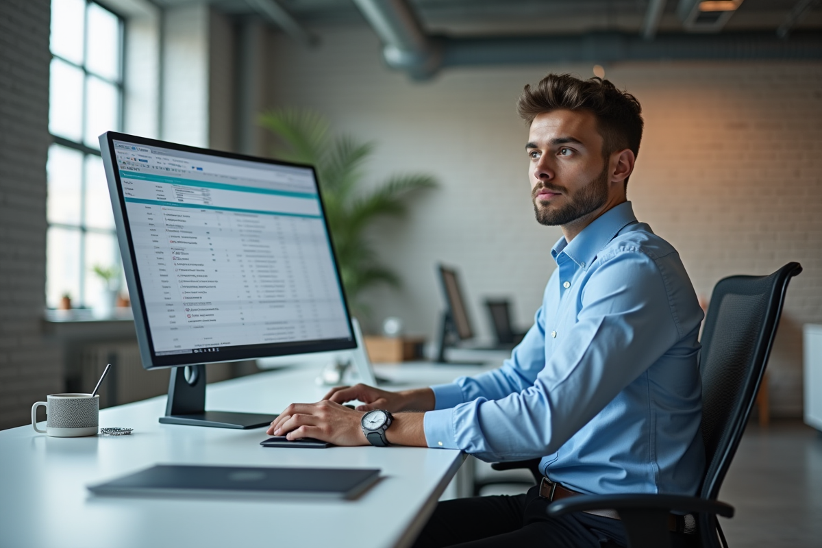 Jeune professionnel regardant un tableau numérique au bureau