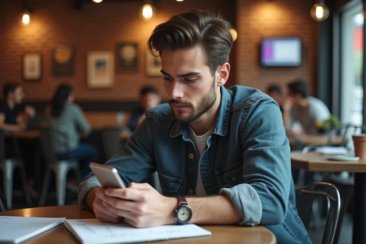 Jeune homme au café utilisant son smartphone et notant
