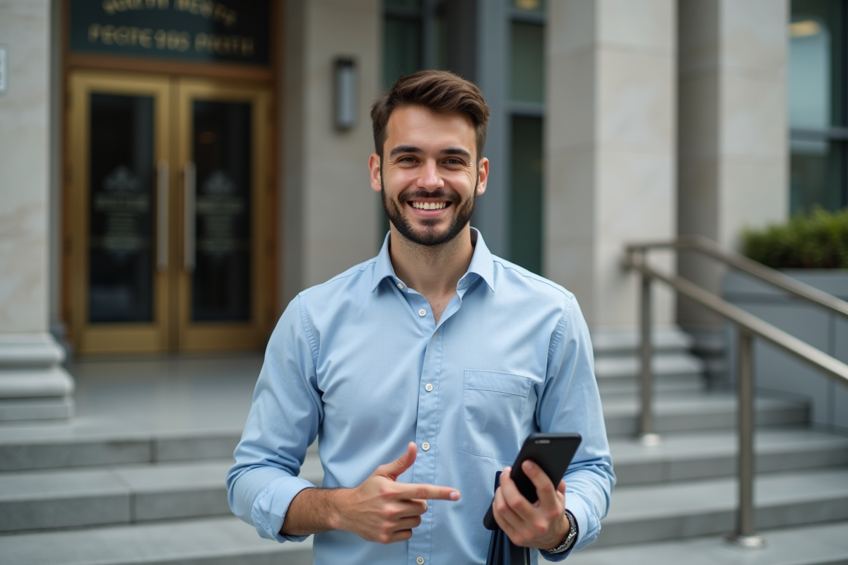 Jeune homme expliquant processus avec smartphone devant bâtiment