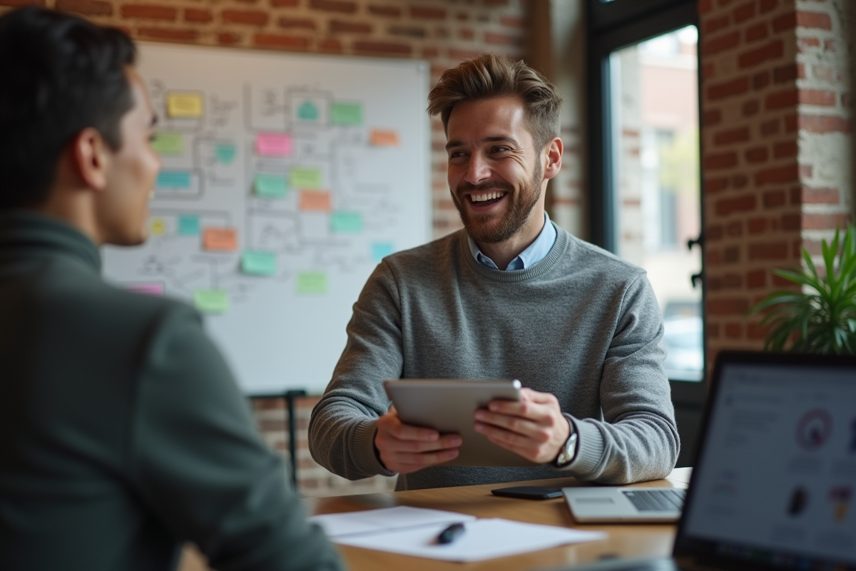 Jeune homme discutant stratégie d