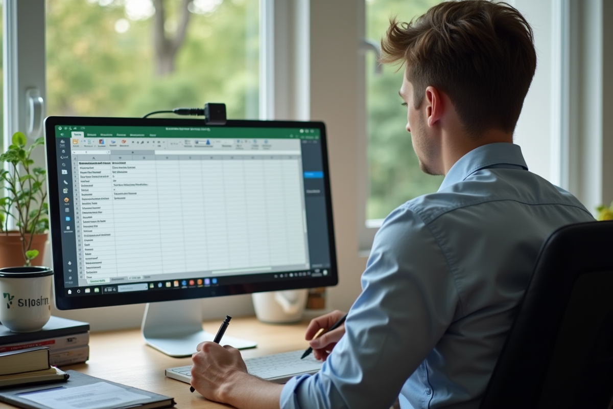 Jeune homme prenant des notes avec un écran Excel ouvert
