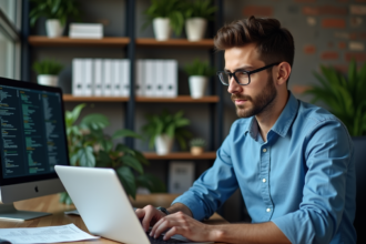 Jeune homme concentré travaillant sur son ordinateur en bureau moderne