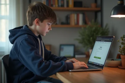 Adolescent concentré devant son ordinateur dans sa chambre