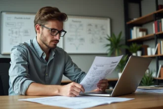 Jeune homme regardant un diagramme de securite sur papier dans un bureau moderne