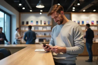 Jeune homme examine un smartphone Sony en magasin