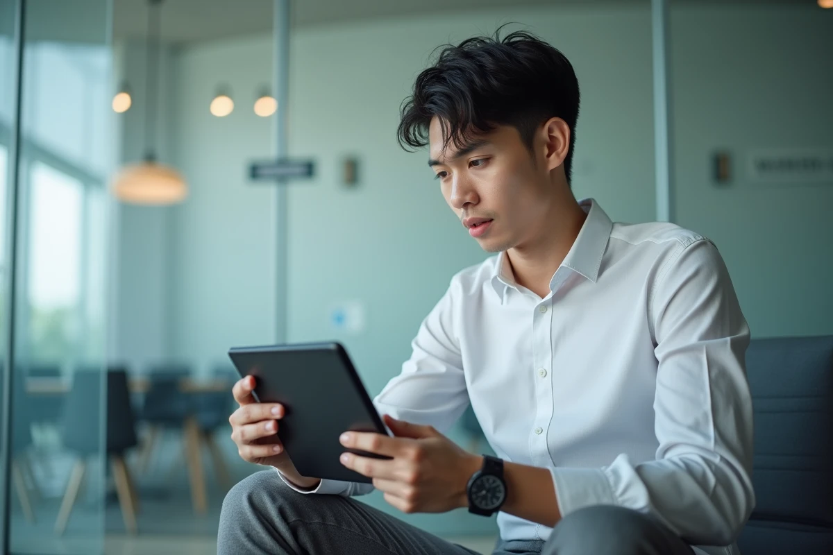 Jeune homme regardant un écran de tablette avec traduction