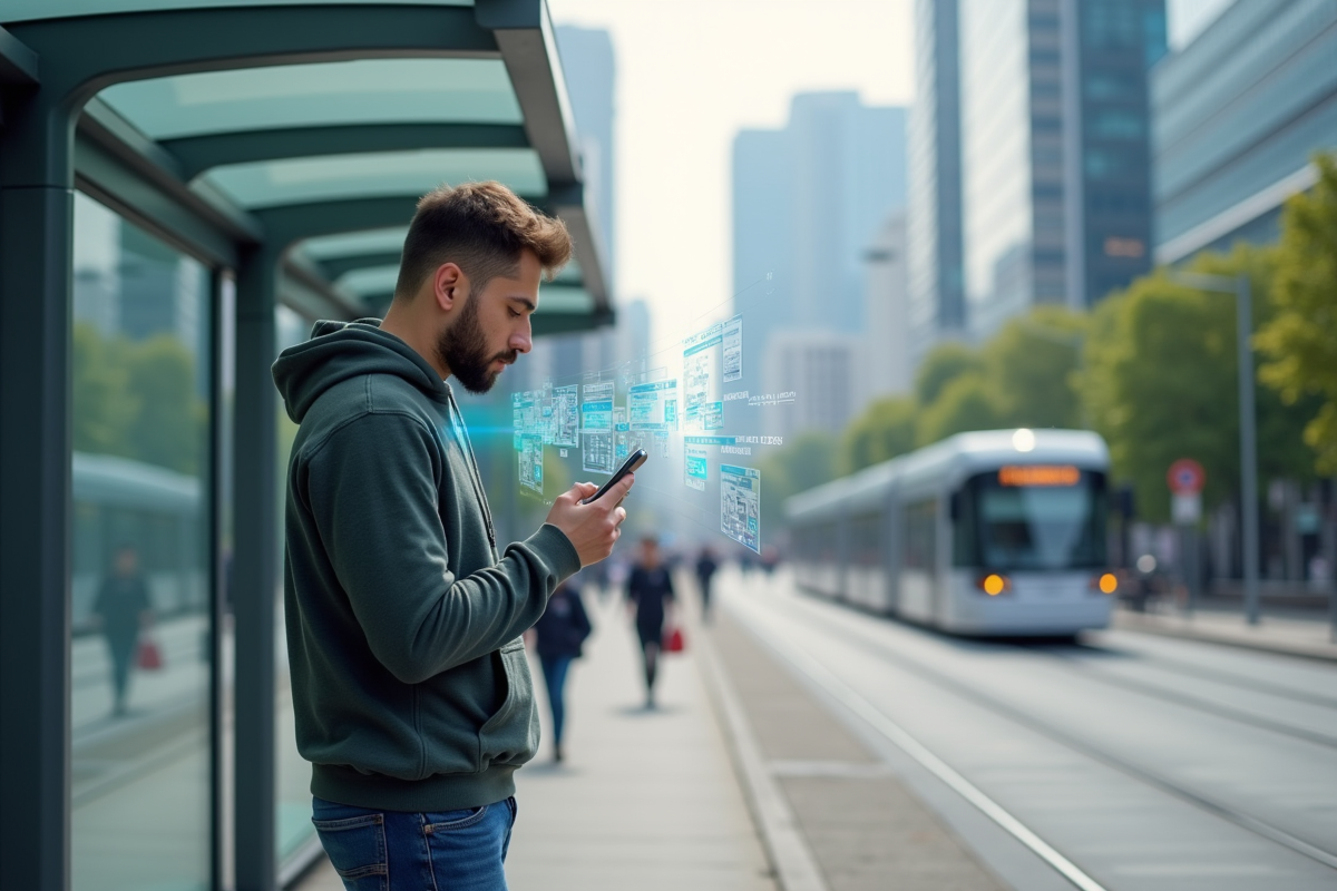 Jeune homme regardant son smartphone avec overlay AR dans une station de tram