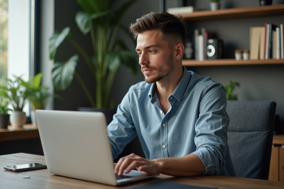 Jeune homme concentré travaillant sur un ordinateur dans un bureau moderne