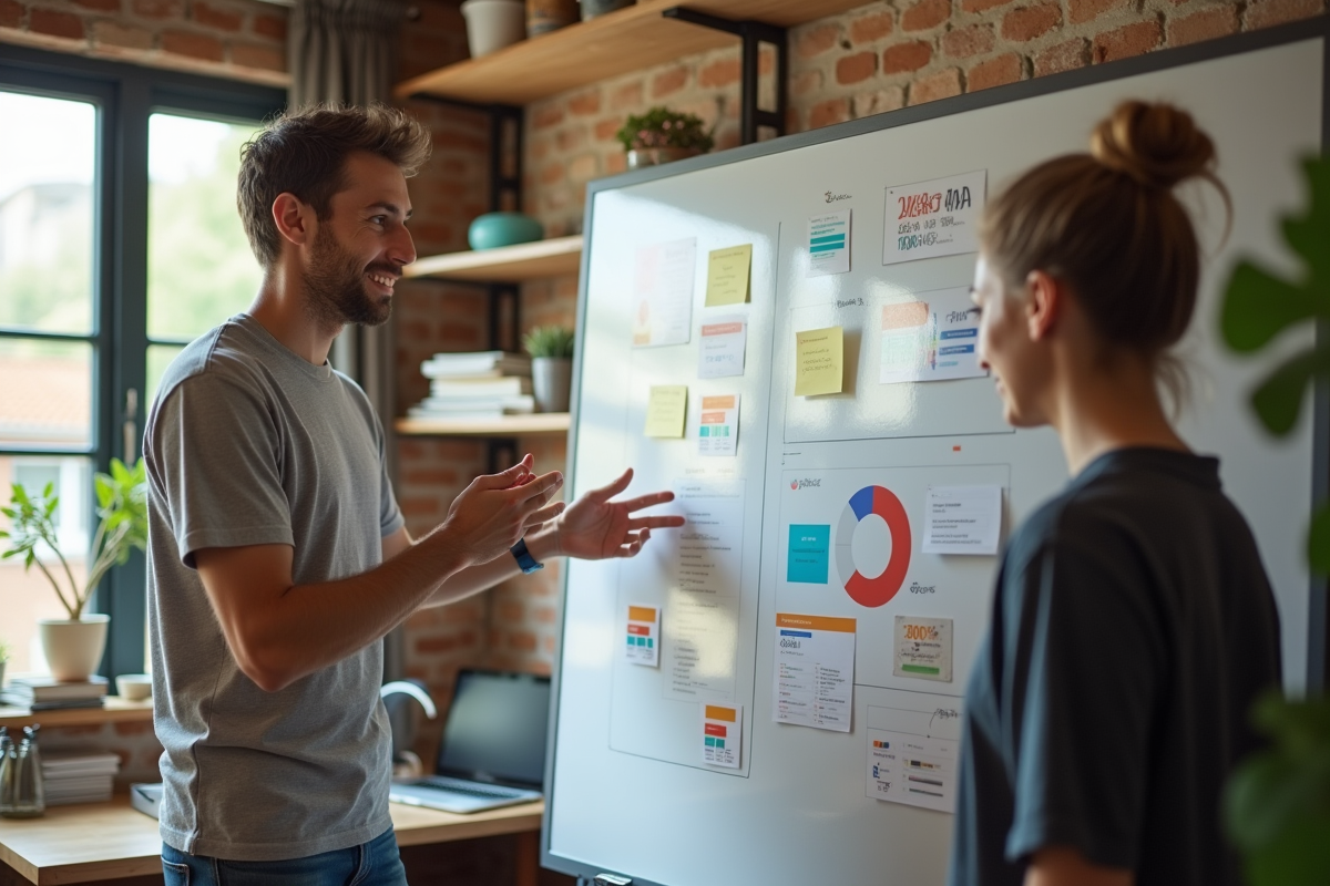 Jeune homme discutant devant un whiteboard coloré