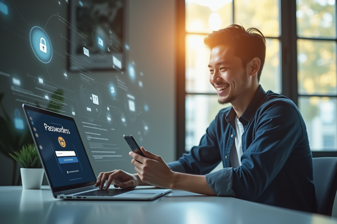 Jeune professionnel souriant avec smartphone et ordinateur affichant login sans mot de passe