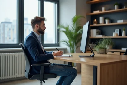 Jeune homme en blazer assis à un bureau moderne en ville