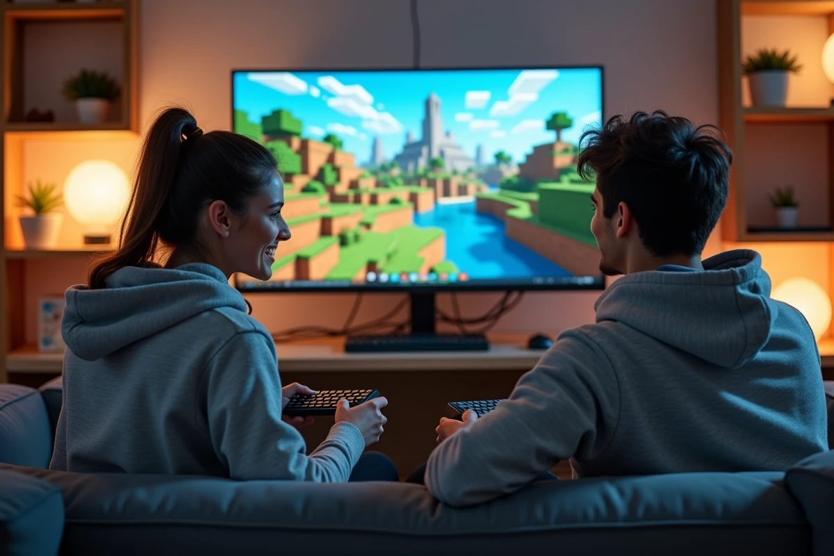 Deux joueurs jouant à Minecraft en coopération locale sur PC avec écran partagé sous Windows 11