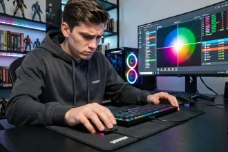 Jeune homme concentré qui clique rapidement sur une souris gaming pour améliorer son score CPS