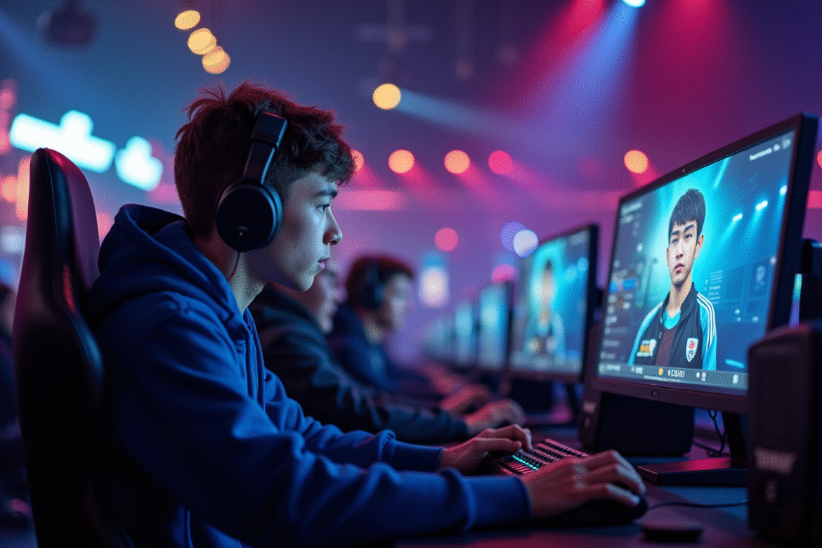 Jeune joueur esport concentré dans une arena moderne