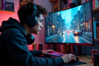 Joueur immergé dans GTA V avec des mods réalistes affichés sur un écran ultrawide dans un setup gaming sombre