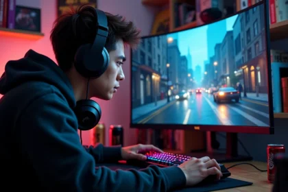 Joueur immergé dans GTA V avec des mods réalistes affichés sur un écran ultrawide dans un setup gaming sombre