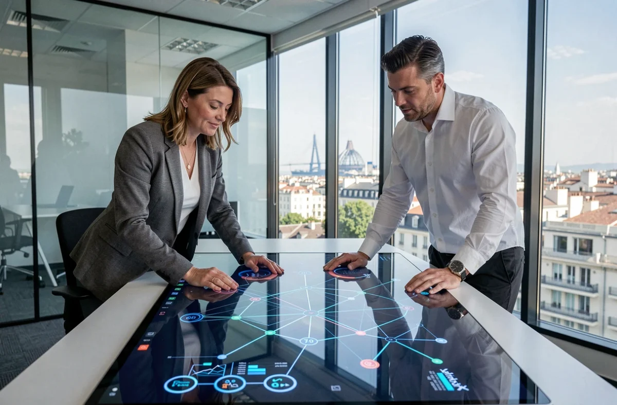 Deux experts de Katalyx collaborant sur un tableau de bord analytique avancé dans un bureau tech panoramique à Marseille