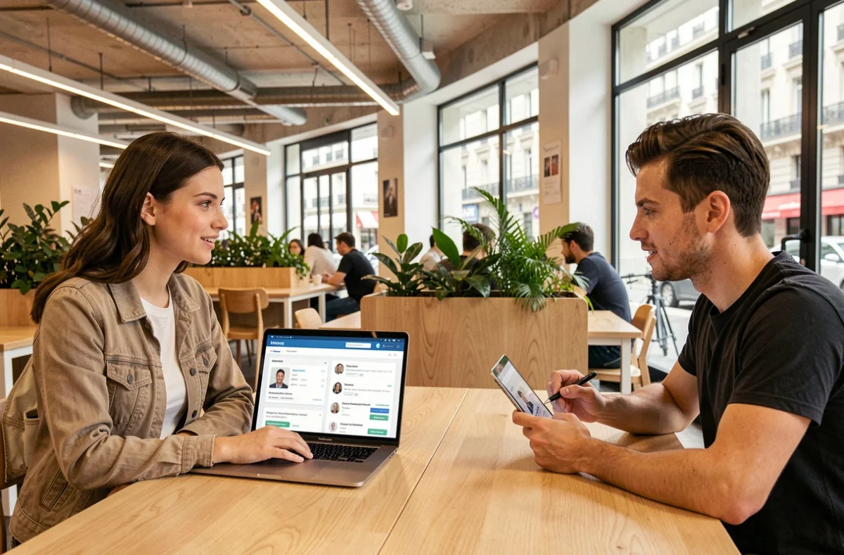 Coordinatrice de Kicklox mettant en relation un expert IT freelance avec une entreprise parisienne via une plateforme numérique de matching