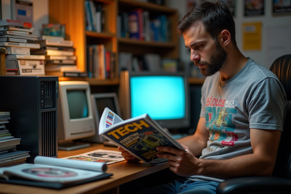 Homme lisant un ancien magazine informatique type PC Expert dans un bureau rétro des années 2000 avec ordinateur CRT et boîtiers vintage
