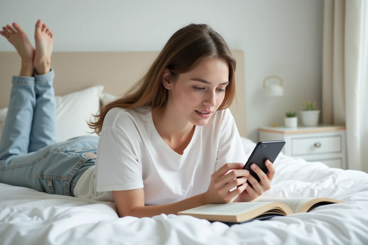 Jeune femme lisant un livre au format Kindle sur smartphone, allongée sur un lit dans une chambre de style scandinave