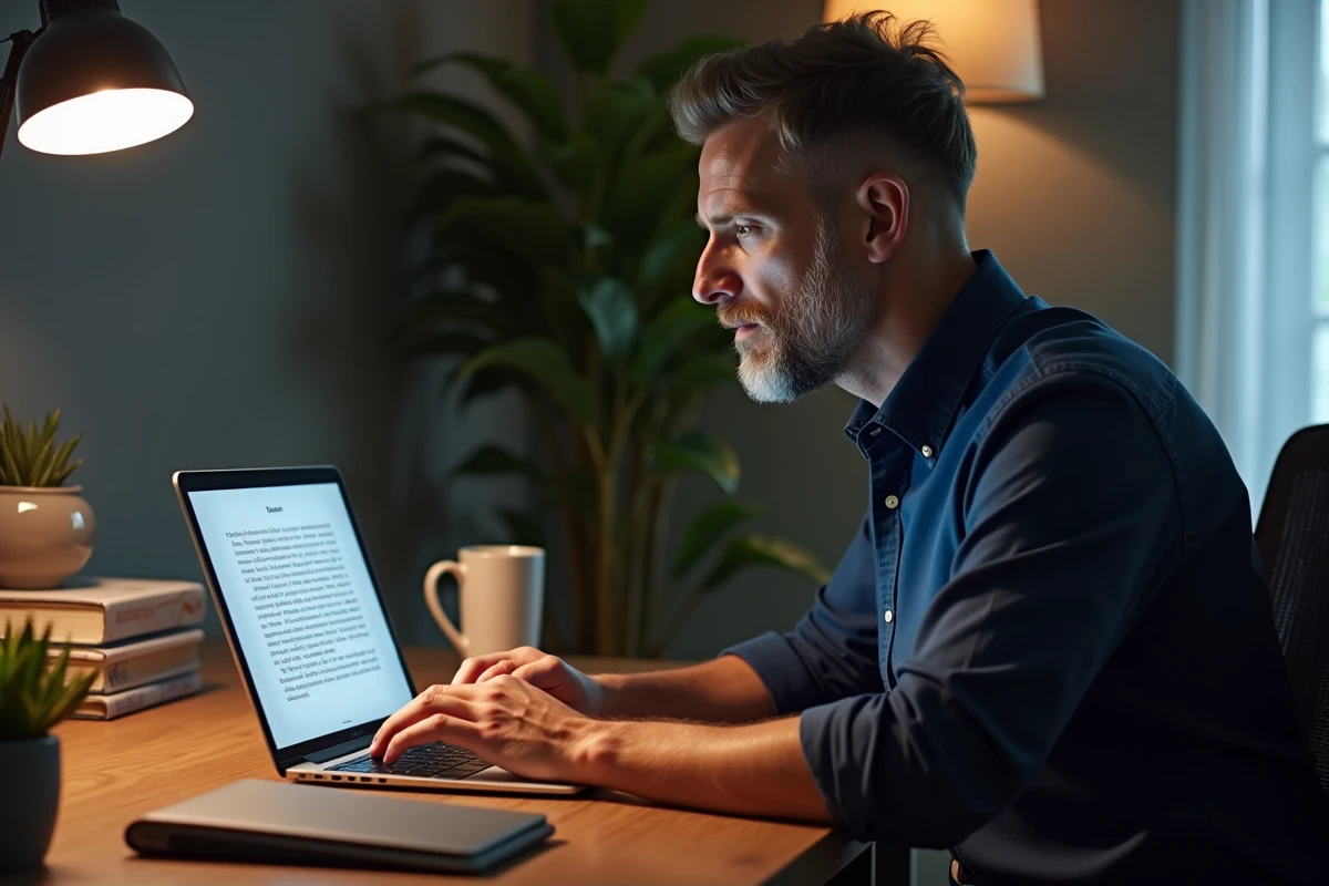 Homme lisant un livre Kindle sur un ordinateur portable via le Kindle Cloud Reader, assis à un bureau en bois dans un bureau à domicile