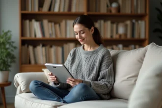 Femme lisant un livre au format Kindle sur une tablette, assise dans un salon minimaliste avec des étagères remplies de livres en arrière-plan