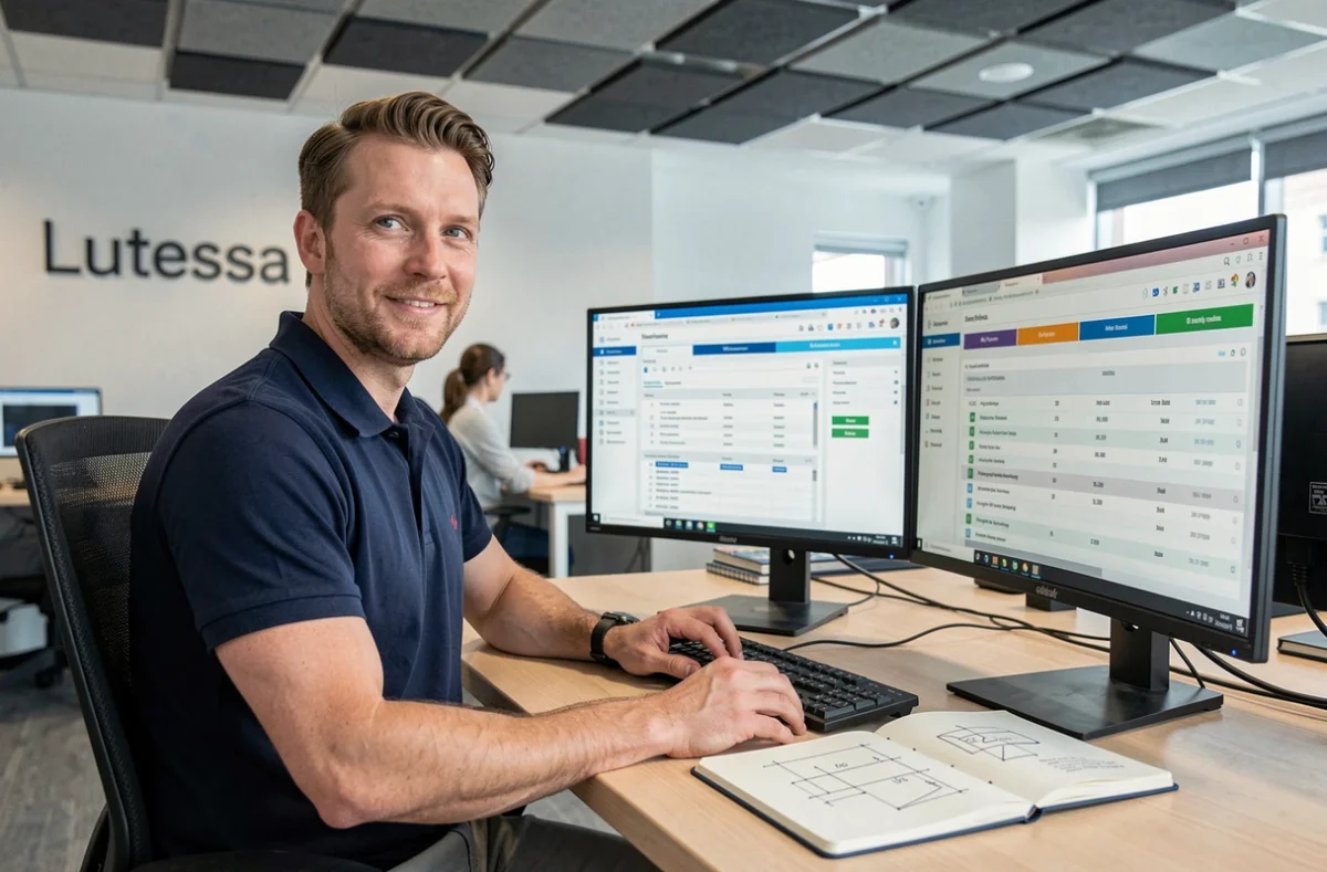 Développeur de Lutessa travaillant sur un tableau de bord logiciel entreprise dans un bureau professionnel moderne