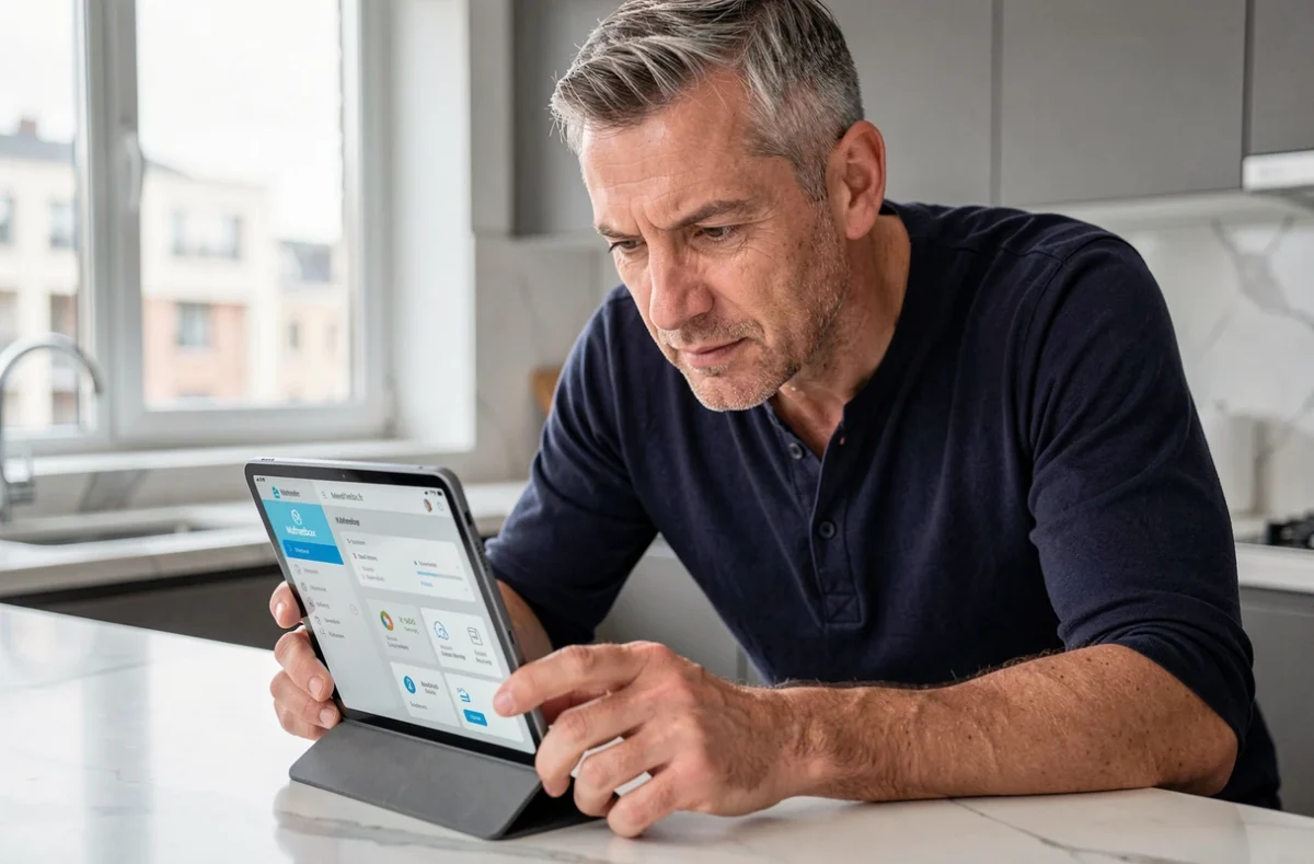 Homme consultant le tableau de bord Mafreebox sur une tablette dans une cuisine contemporaine