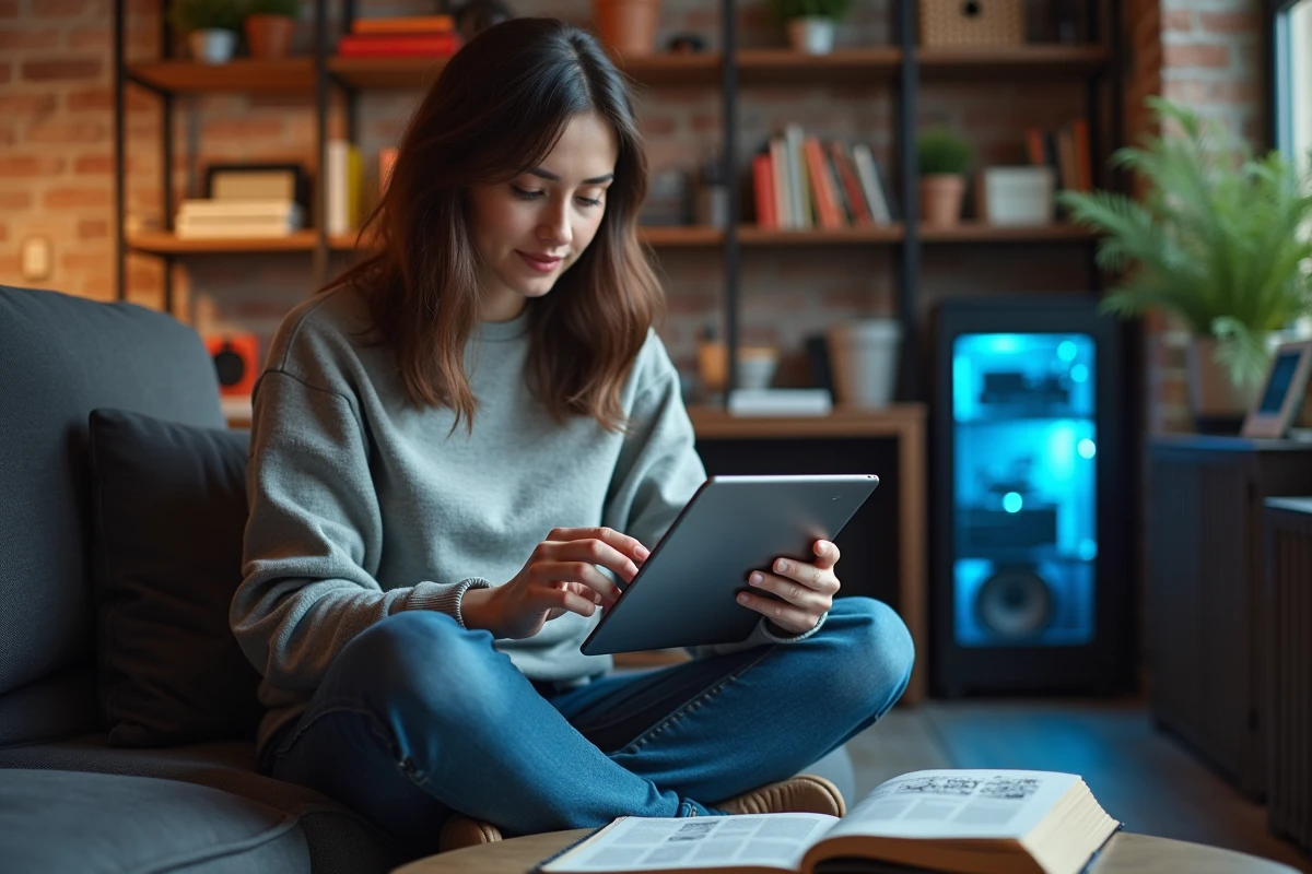 Femme comparant un ancien magazine PC Expert avec un site web tech sur tablette dans un appartement moderne
