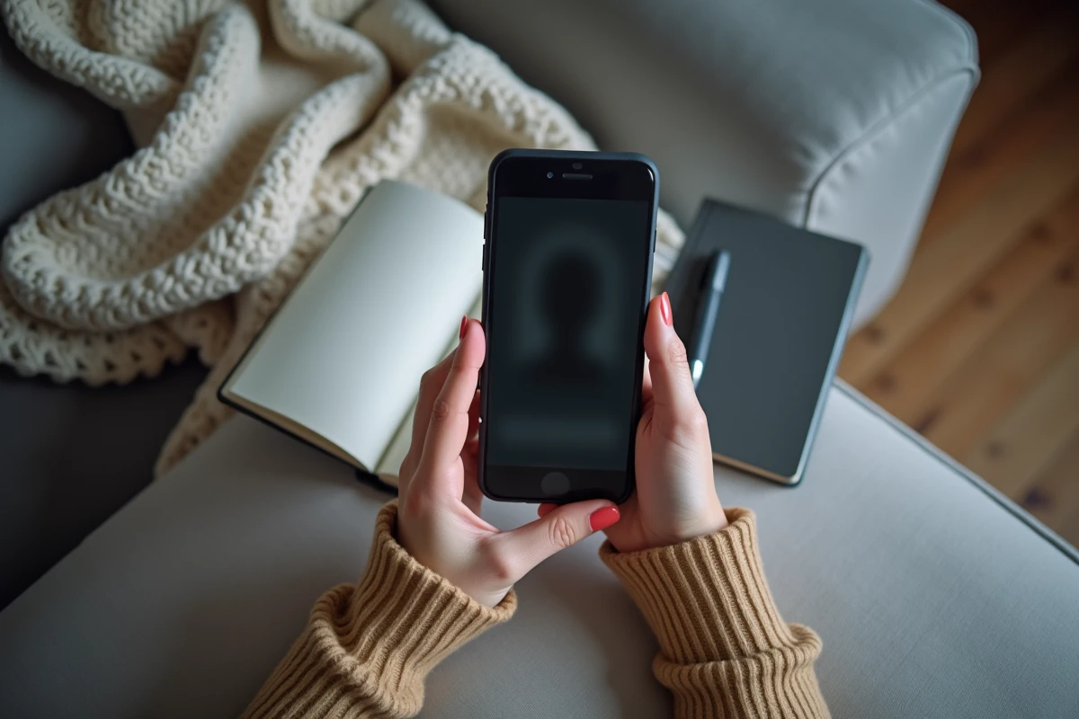 Mains tenant un smartphone affichant un profil Instagram anonyme, illustrant la confidentialité sur les réseaux sociaux