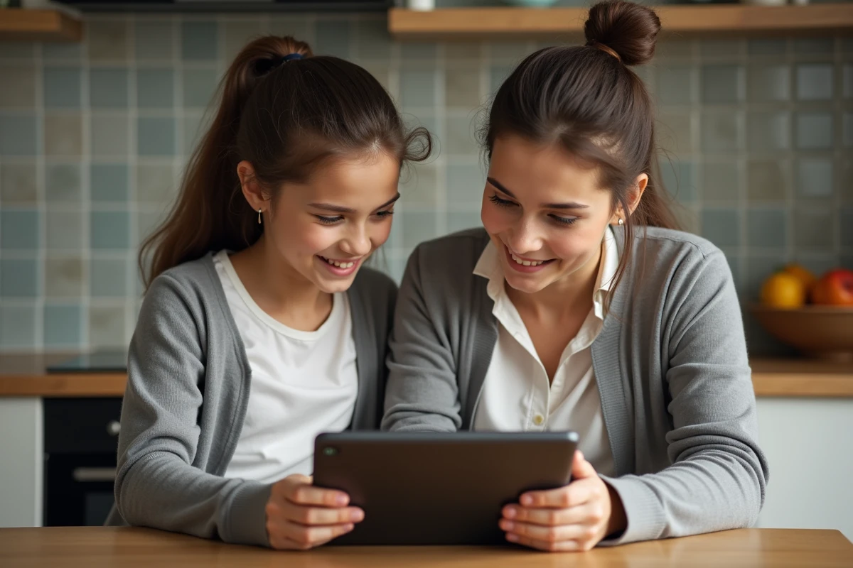 Mère et fille activant un compte scolaire ensemble à la maison
