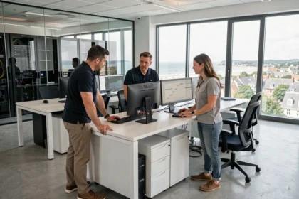 Équipe de techniciens informatiques collaborant dans un open space moderne en Bretagne, illustrant les meilleures sociétés de maintenance informatique du Morbihan