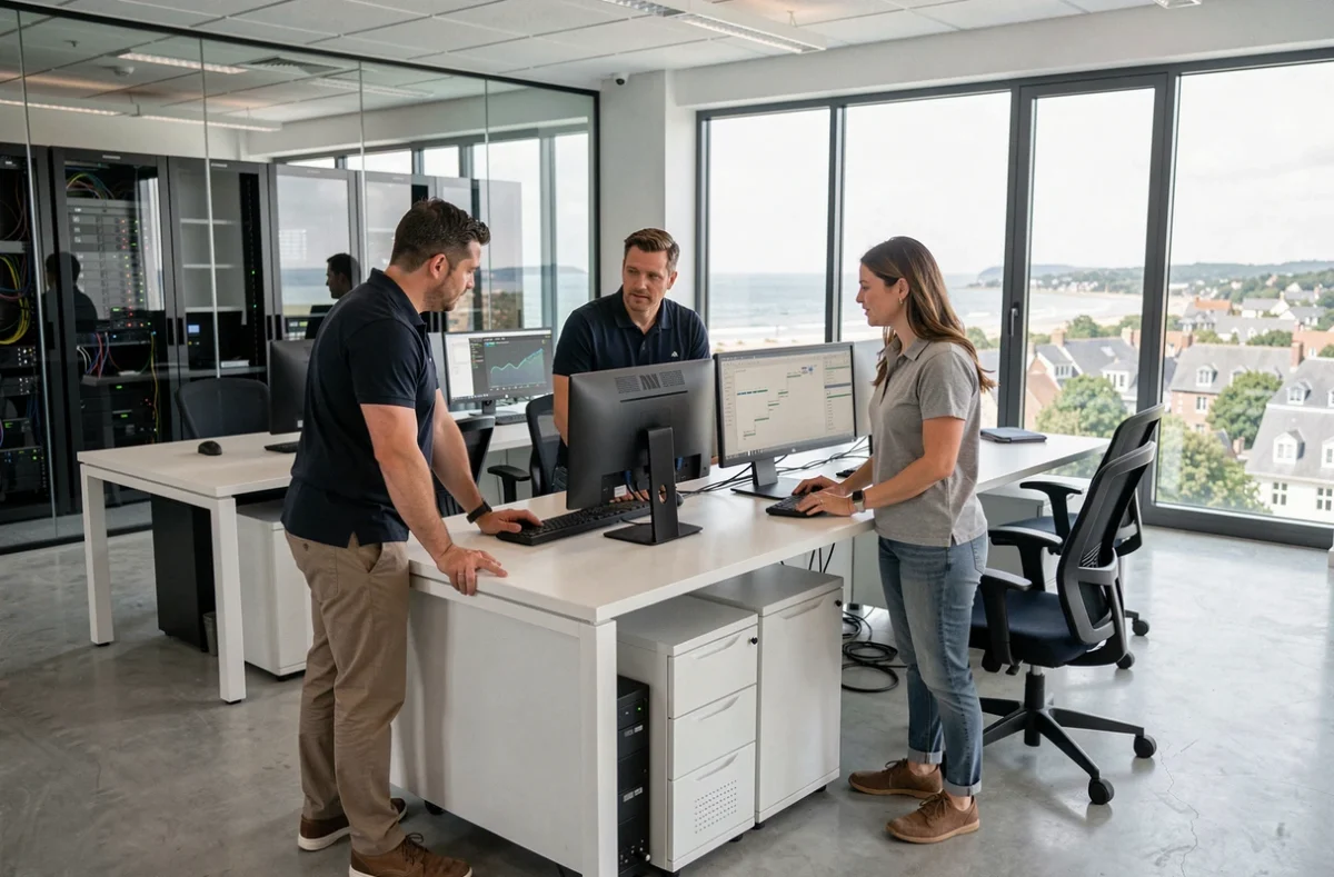 Équipe de techniciens informatiques collaborant dans un open space moderne en Bretagne, illustrant les meilleures sociétés de maintenance informatique du Morbihan