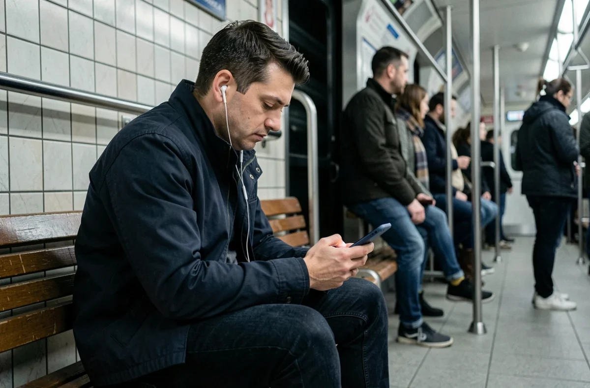 Homme consultant une application de messagerie anonyme sur smartphone dans les transports en commun