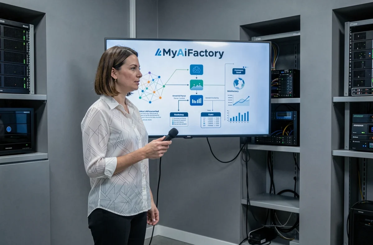 Experte en intelligence artificielle de MyAiFactory présentant un diagramme de workflow IA dans un bureau technologique moderne