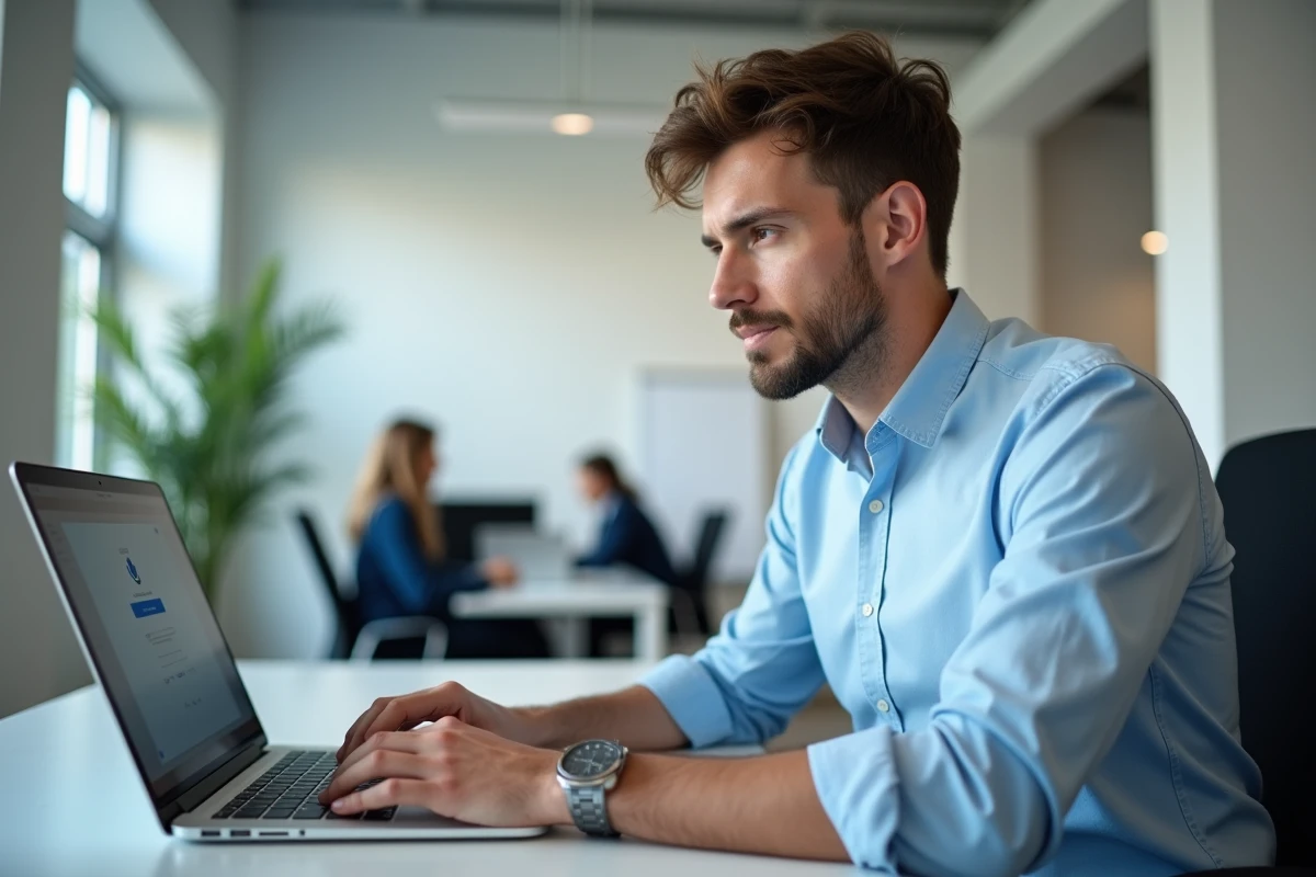 Nouvel employé EDF se connectant pour la première fois à son webmail professionnel sur un ordinateur portable au bureau