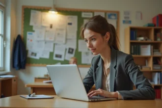 Nouvelle enseignante consultant le webmail académique Dsden19 sur un ordinateur portable dans la salle des professeurs