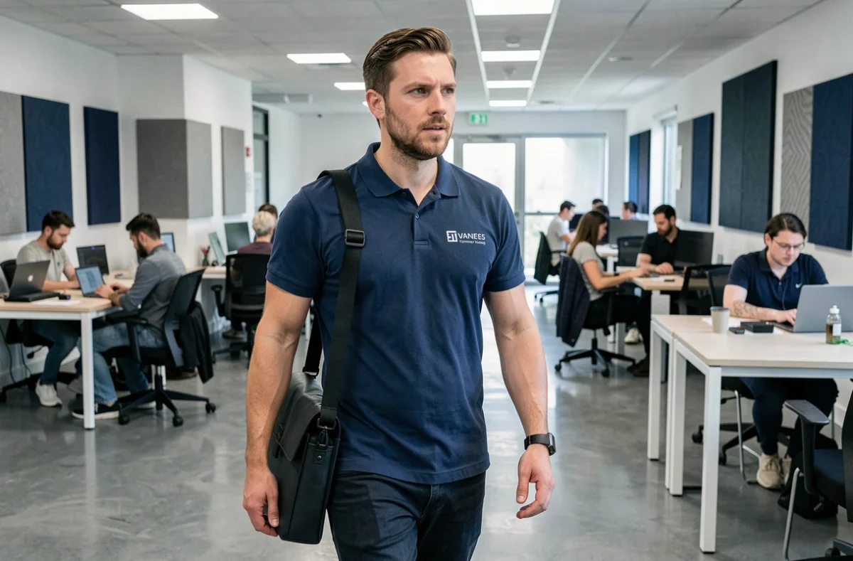 Technicien informatique en déplacement dans un espace de coworking moderne à Vannes, illustrant les services d'infogérance nationale de NowTeam