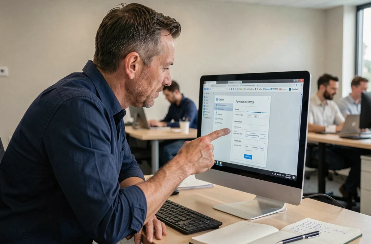 Homme paramétrant le transfert automatique d'e-mails sur un ordinateur de bureau en open space