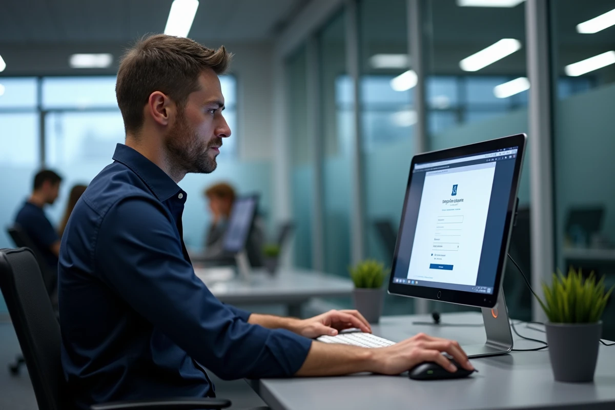 Homme vérifiant les paramètres de connexion webmail académique sur un ordinateur de bureau en open space