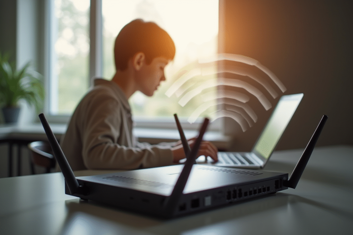Personne travaillant à la maison avec un routeur WiFi moderne