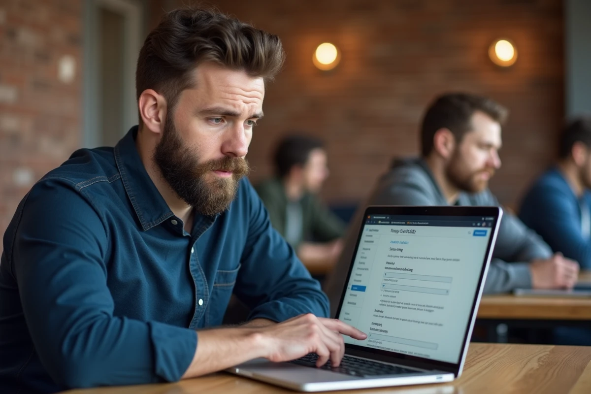 Homme analysant les options de configuration SEO d'un plugin WordPress sur un ordinateur portable dans un espace de coworking