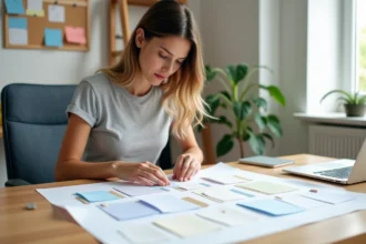 Femme arrangeant des cartes colorées superposées sur un bureau en bois pour illustrer le positionnement CSS relatif et absolu