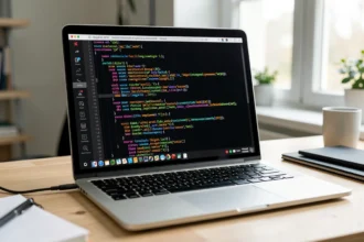 Poste de travail avec du code source affiché sur un ordinateur portable