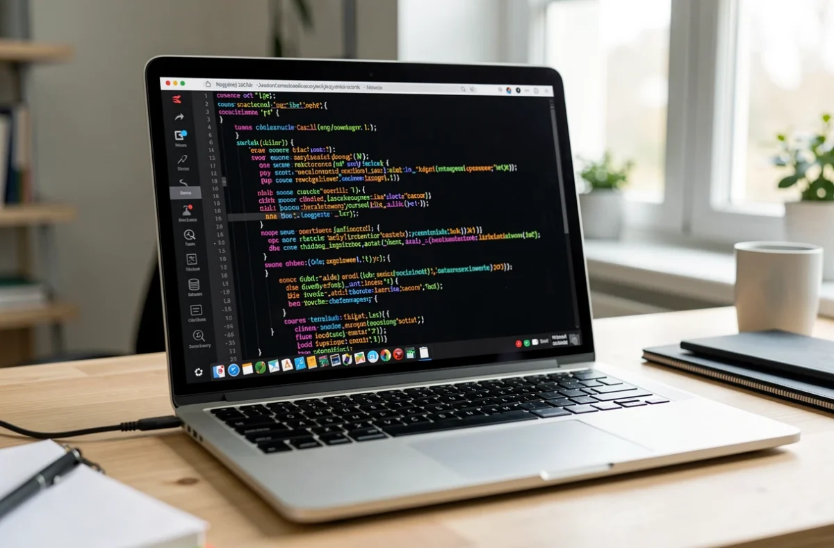 Poste de travail avec du code source affiché sur un ordinateur portable