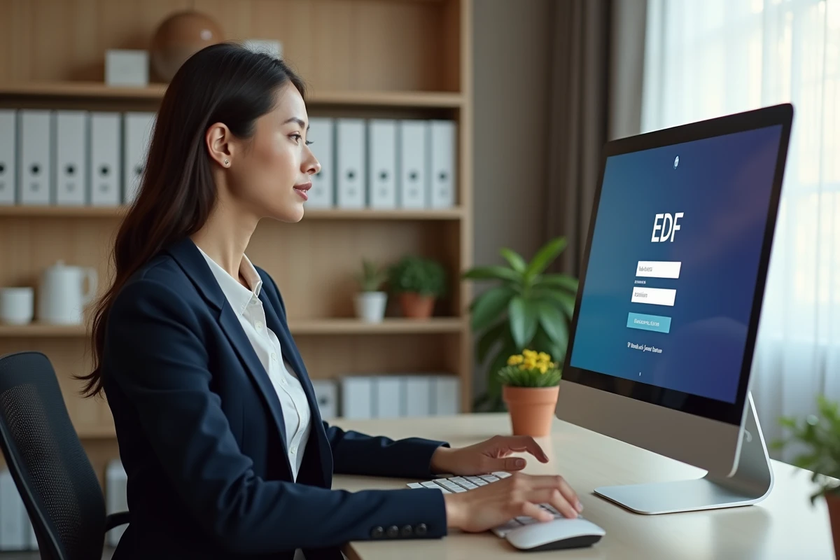 Femme en télétravail effectuant sa première connexion au webmail EDF depuis son bureau à domicile