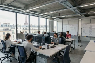 Vue panoramique d'un open space informatique parisien avec des équipes IT au travail sur des postes de développement et d'infrastructure